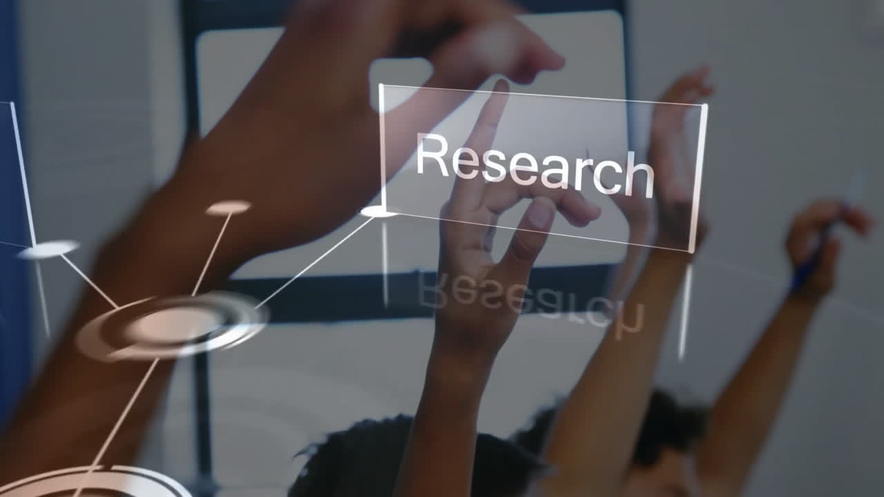 Hands raised in classroom with strategy and research text overlay animation