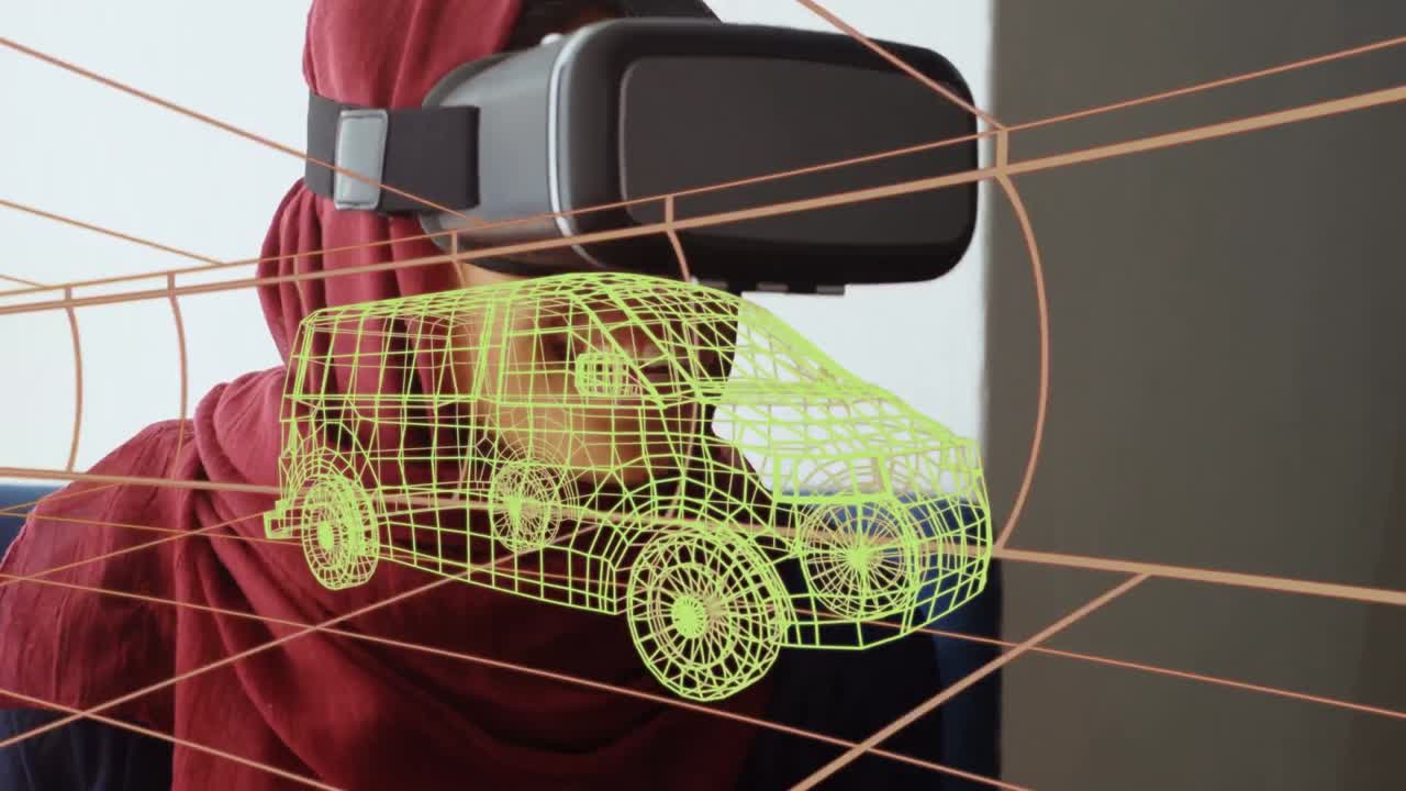animación de dibujo 3d digital de un coche sobre una mujer usando auriculares vr