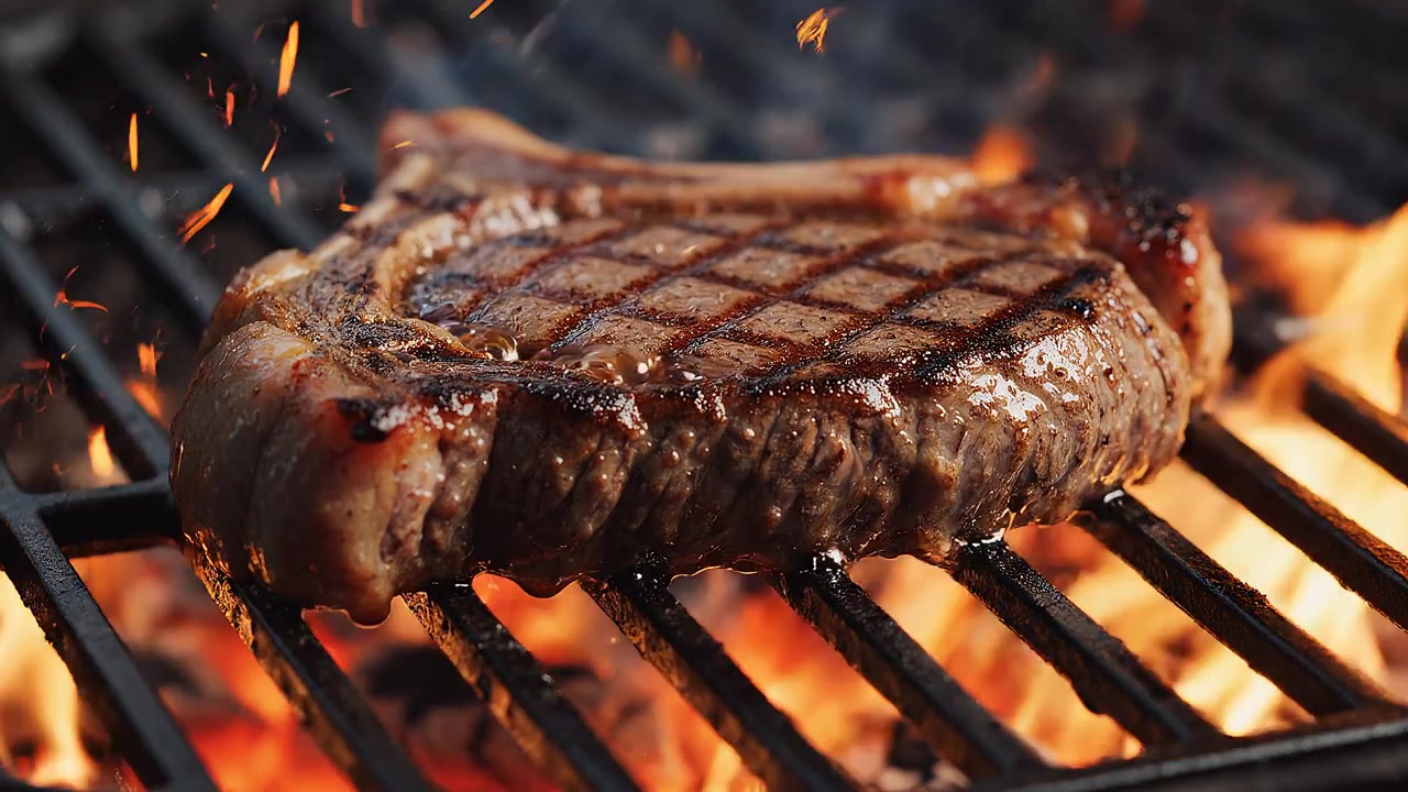 Juicy Ribeye Steak Grilling Over Open Fire Flames