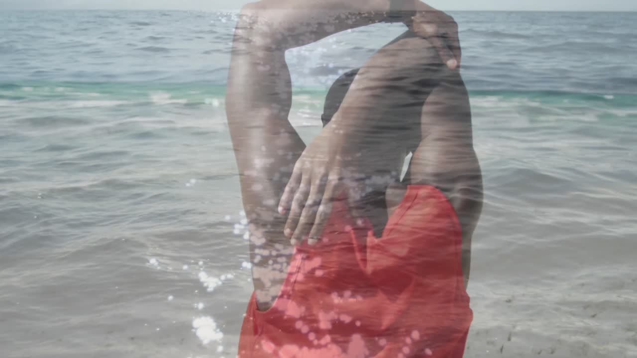 animación de paisaje marino sobre un hombre afroamericano que hace ejercicio