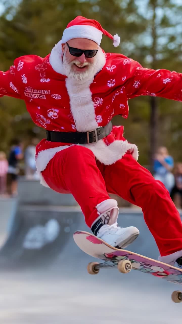 A festive skater dressed as Santa Claus showcases his skills on a skateboard, embodying joy and fun in a vibrant community setting filled with enthusiastic spectators watching in amazement