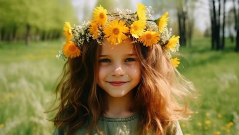 carefree young girl wearing handmade dandelion flower crown standing in lush green meadow, radiating pure childhood joy and innocence under warm sunlight