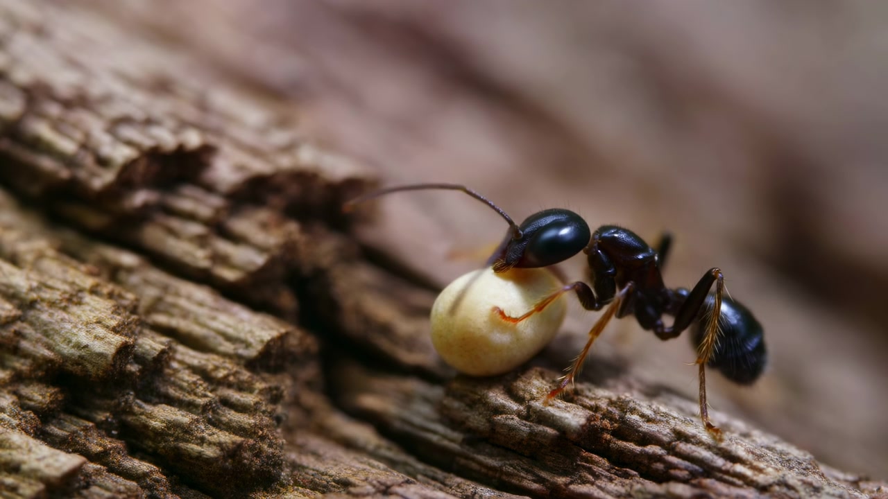 Formica nera che trasporta una pupa sulla corteccia. Vista macro ravvicinata mostra una formica operaia che afferra una pupa pallida mentre si muove