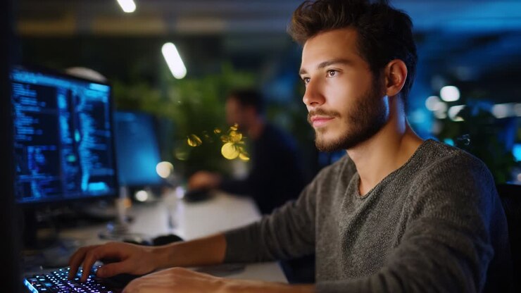 Focused Individual Engaging in Intensive Computer Work, Surrounded by Screens Displaying Complex Code in a Modern Tech Environment, Highlighting Creativity and Technology Integration in Digital Workspaces