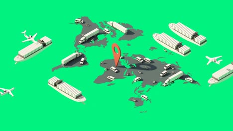 global logistics network isometric illustration icons set of air cargo trucking rail transportation maritime shipping on-time delivery vehicles designed to carry large cargo 
3d rendering animation