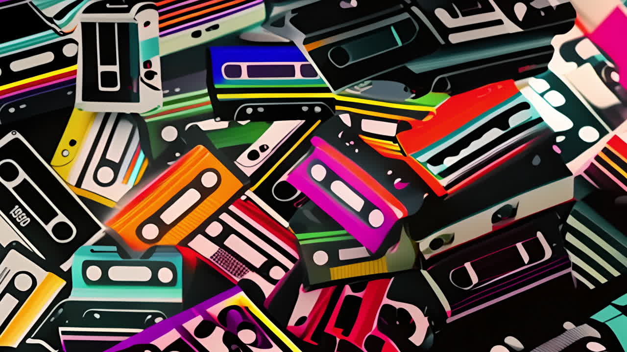 무작위적 인 어리 에 어져 있는 오래된 카세트 테이프 의 다채로운 종류