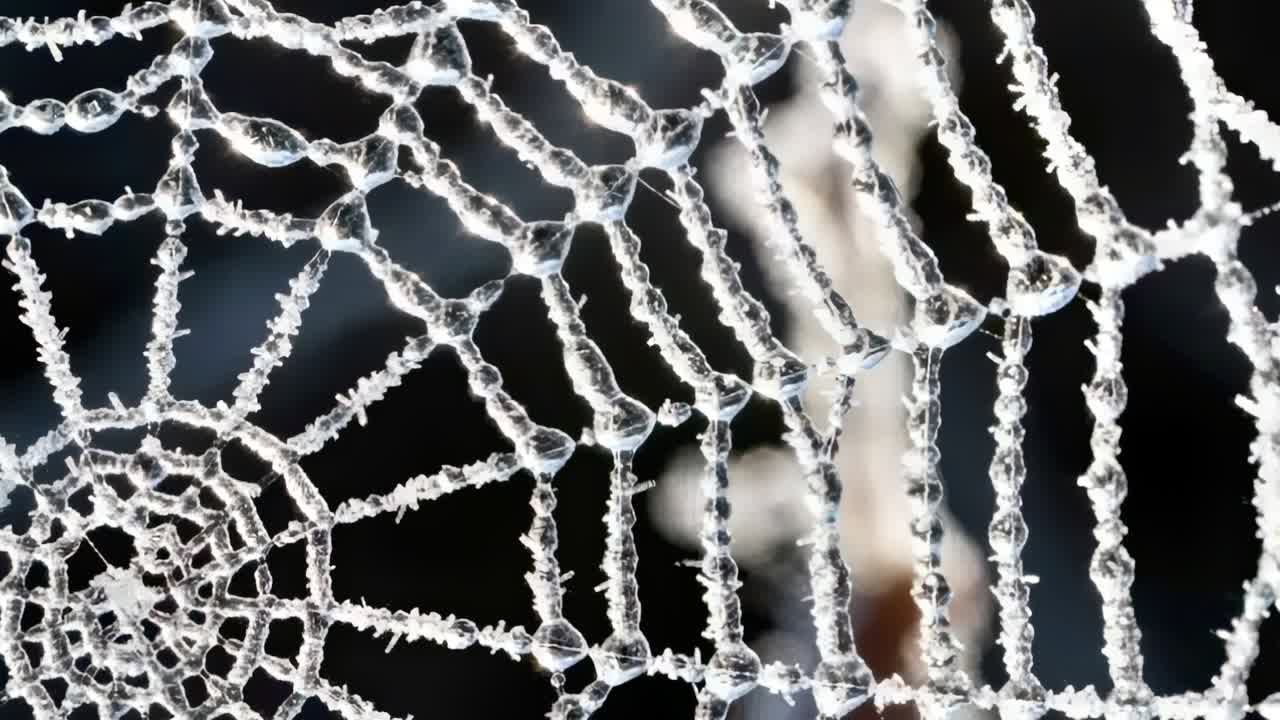 Shifting macro camera revealing radial spider web at garden, showing frost and pale vertical blur