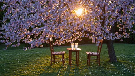 romantic sunset picnic under cherry blossoms