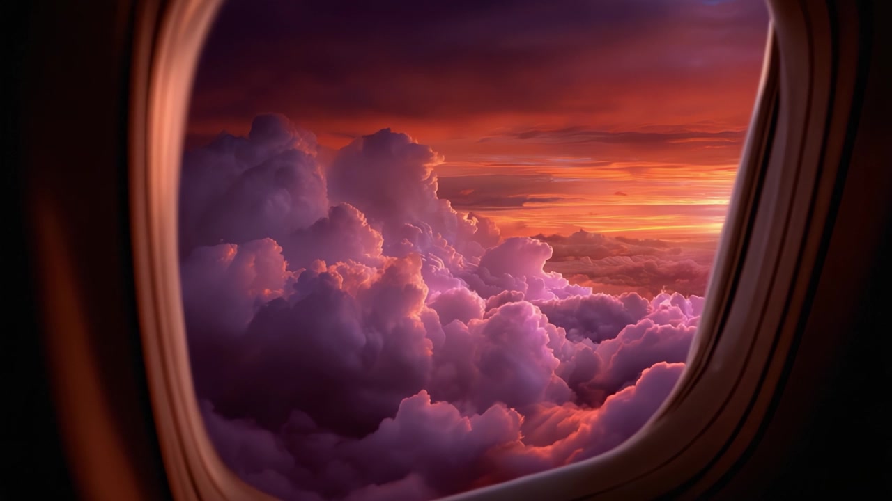 Vista mozzafiato del tramonto dal finestrino dell'aereo, che mostra nuvole vivaci e colori splendidi in un cielo affascinante, creando un'atmosfera onirica sopra la Terra