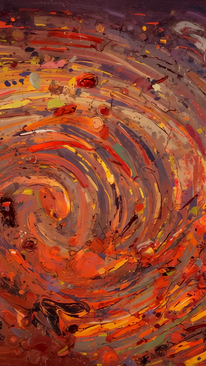 Vertical video: Rotating abstract spiral canvas on turntable in studio revealing paint droplets