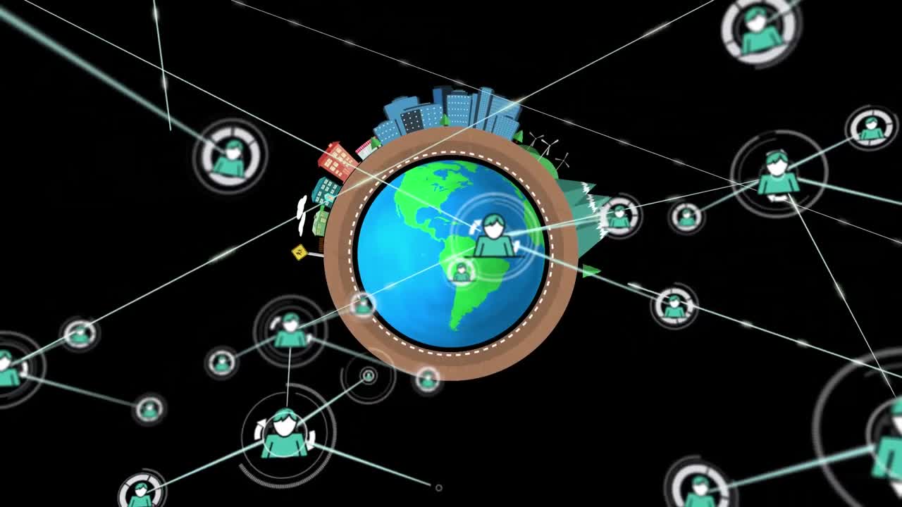анимация сети соединений с иконами и глобусом на черном фоне
