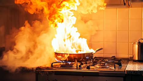 a frying pan on a stove with flames coming out of it