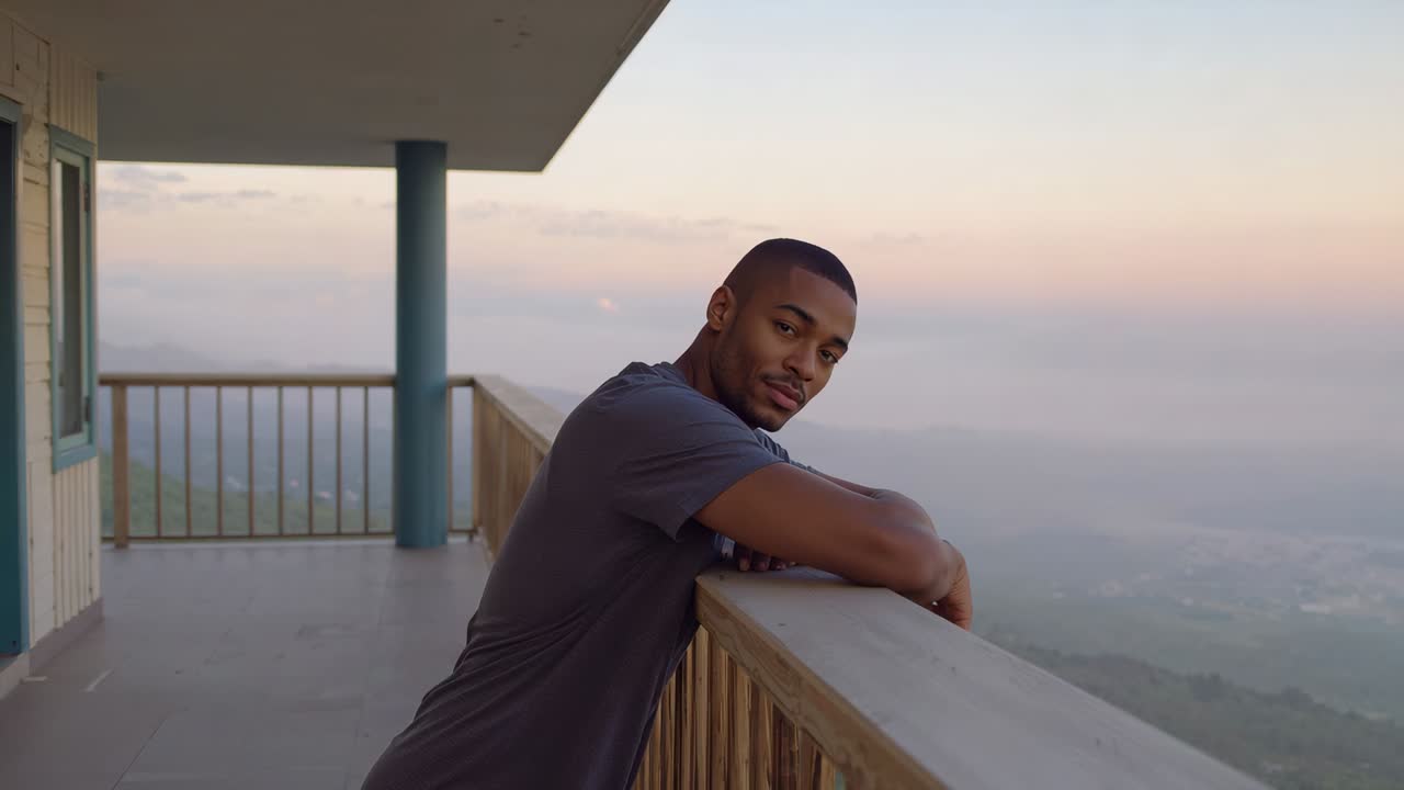 Leaning man wearing grey tee shifting on wooden balcony railing at sunrise, drawing gaze to camera
