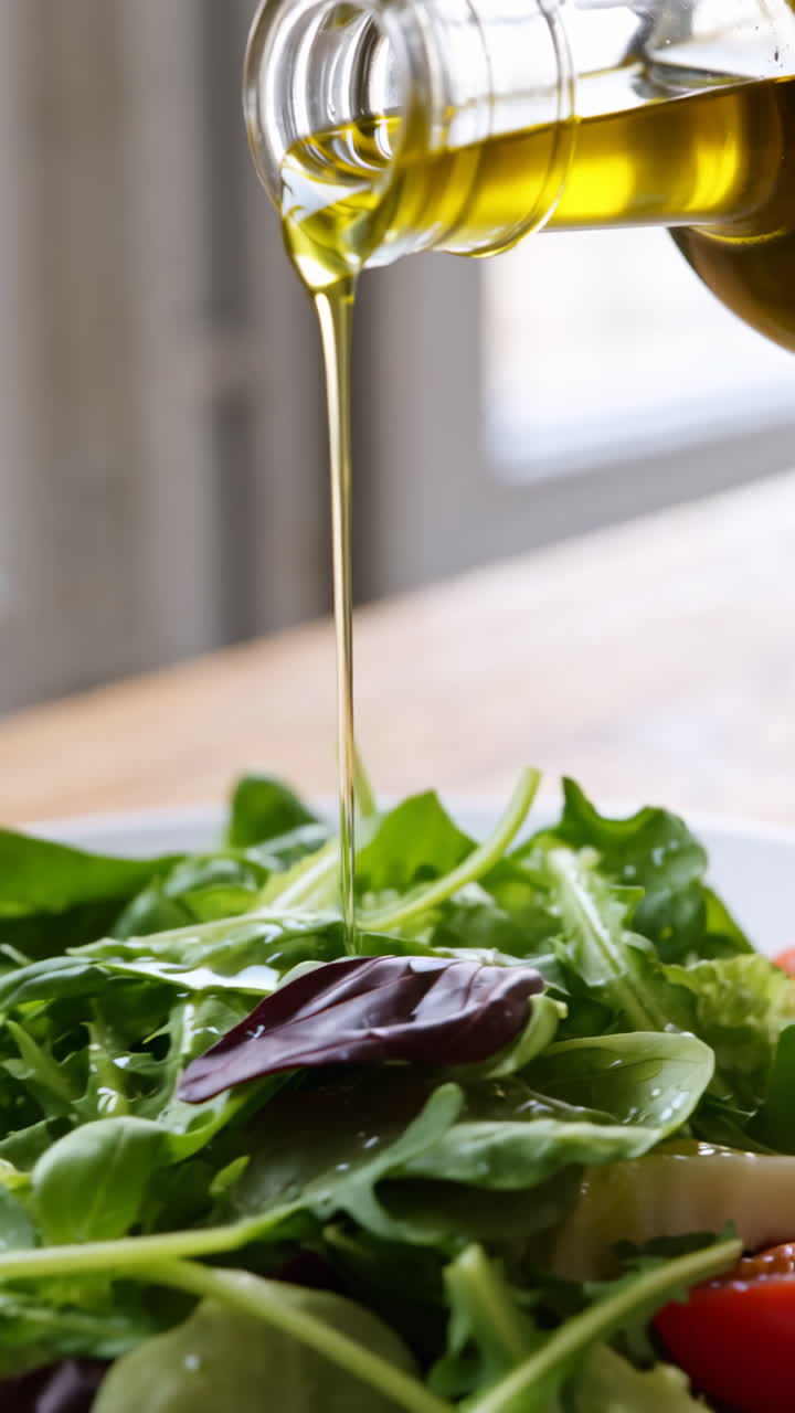 Pouring Olive Oil on a Fresh Green Salad