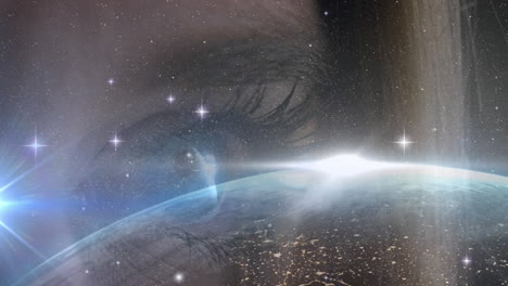 estrellas brillantes y globo contra el primer plano del ojo femenino