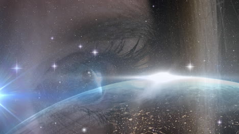 shining stars and globe against close up of female eye