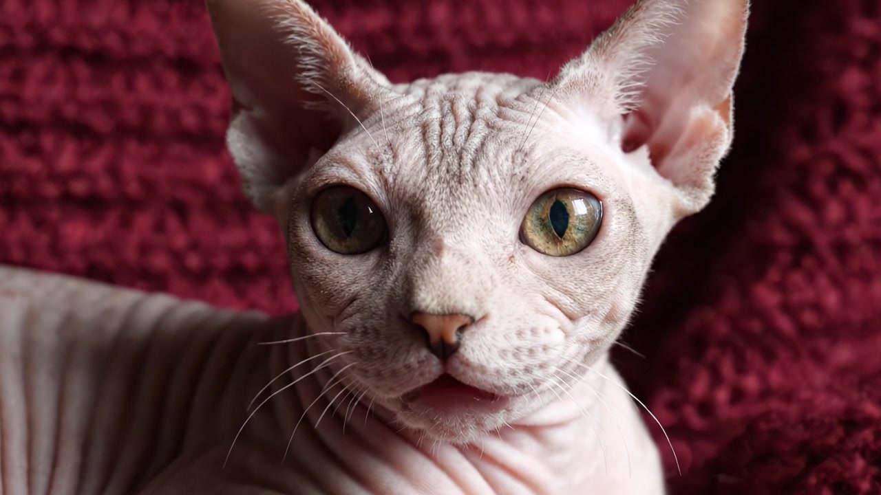 Um close-up impressionante de um gato Sphynx exibindo suas características únicas e olhar expressivo contra um fundo de cobertor vermelho aconchegante