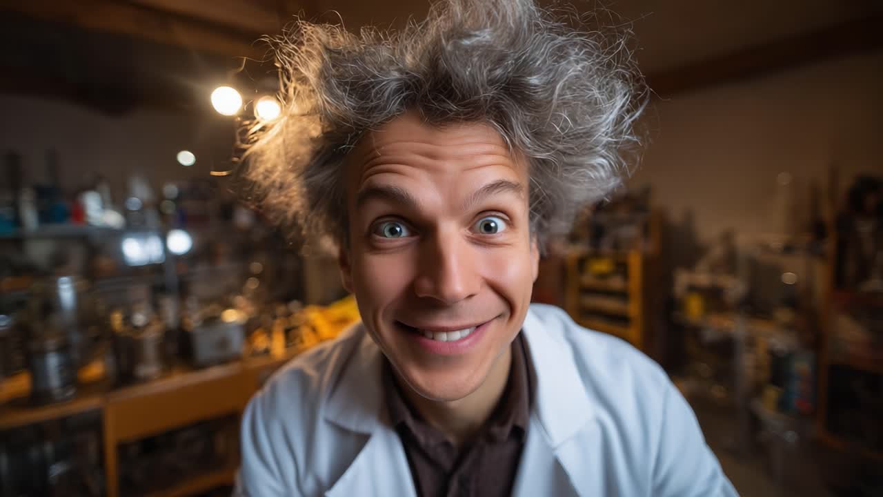 Enthusiastic Scientist Showcasing Curiosity and Innovation in a Laboratory Filled with Equipment and Tools for Scientific Research and Exploration