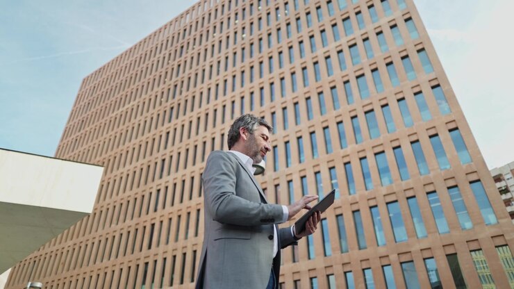 Empresário Sorridente Usando Tablet Digital em Frente a Edifício de Escritórios Moderno