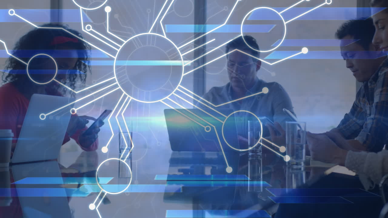 Animation of network of connections over diverse female and male coworkers in office