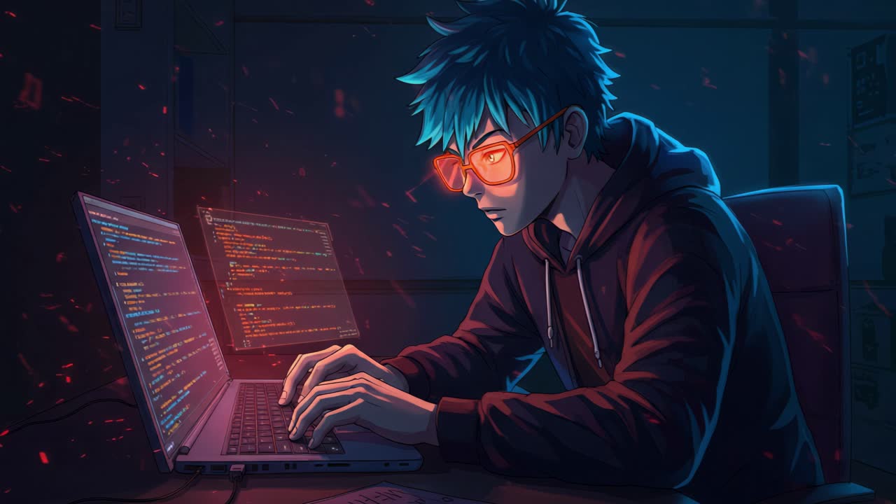 A young coder spends their nights deeply immersed in the world of programming, illuminated by the soft glow of multiple screens
