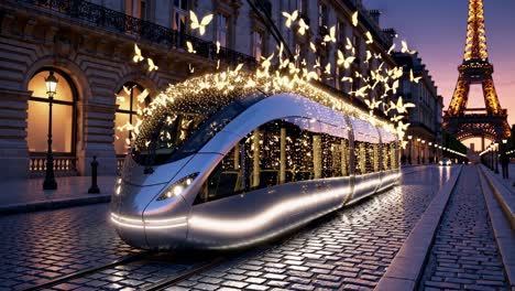 luminous golden butterflies swarming around futuristic tram gliding over cobblestone street during european twilight, creating dreamlike urban landscape with magical illumination