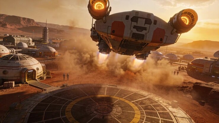 Thrusters firing, lander descending over pad at colony to land, suited crew watching dust lifting