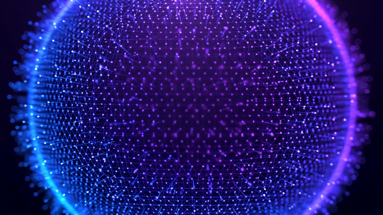 Close frontal view of hemispherical shell built from dense glowing dots and thin filaments, with cyan blue glow on left, magenta pink glow on right, and deep dark center for strong contrast and depth