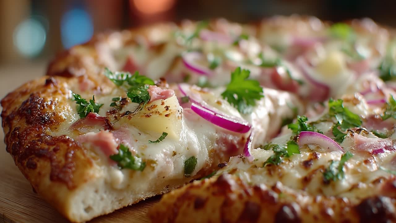 とろけるチーズ、新鮮な野菜、サクサクの生地が乗った美味しそうなピザのクローズアップ。美食の喜びや友人との分かち合いに最適。