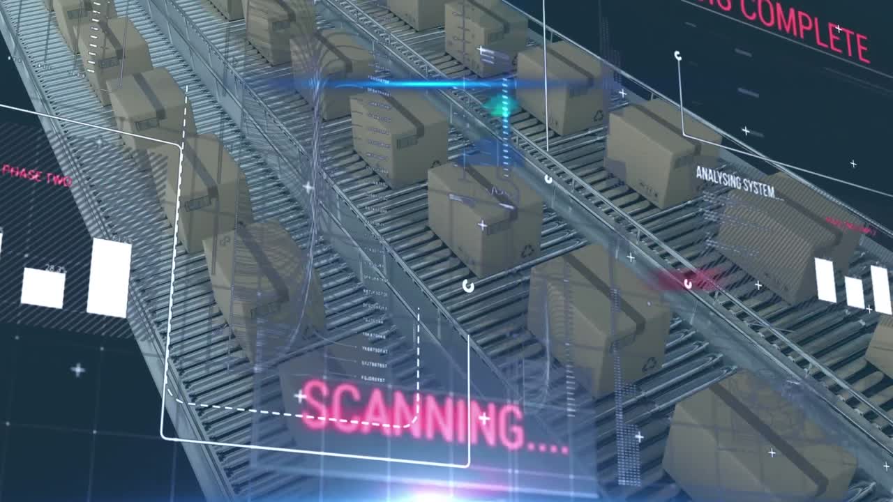 파란색 배경에 대한 컨베이어 벨트에 있는 여러 상자에서 데이터 처리를 하는 디지털 인터페이스