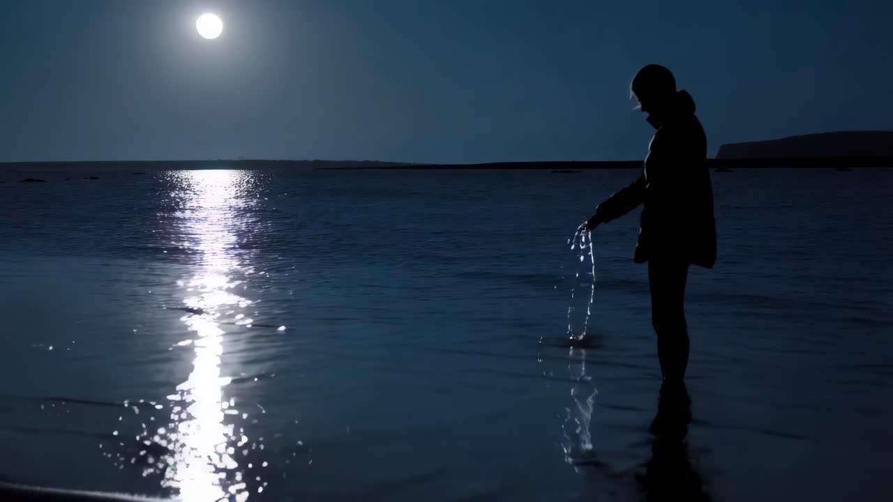 Silhouette of a person at the beach at night under the moonlight