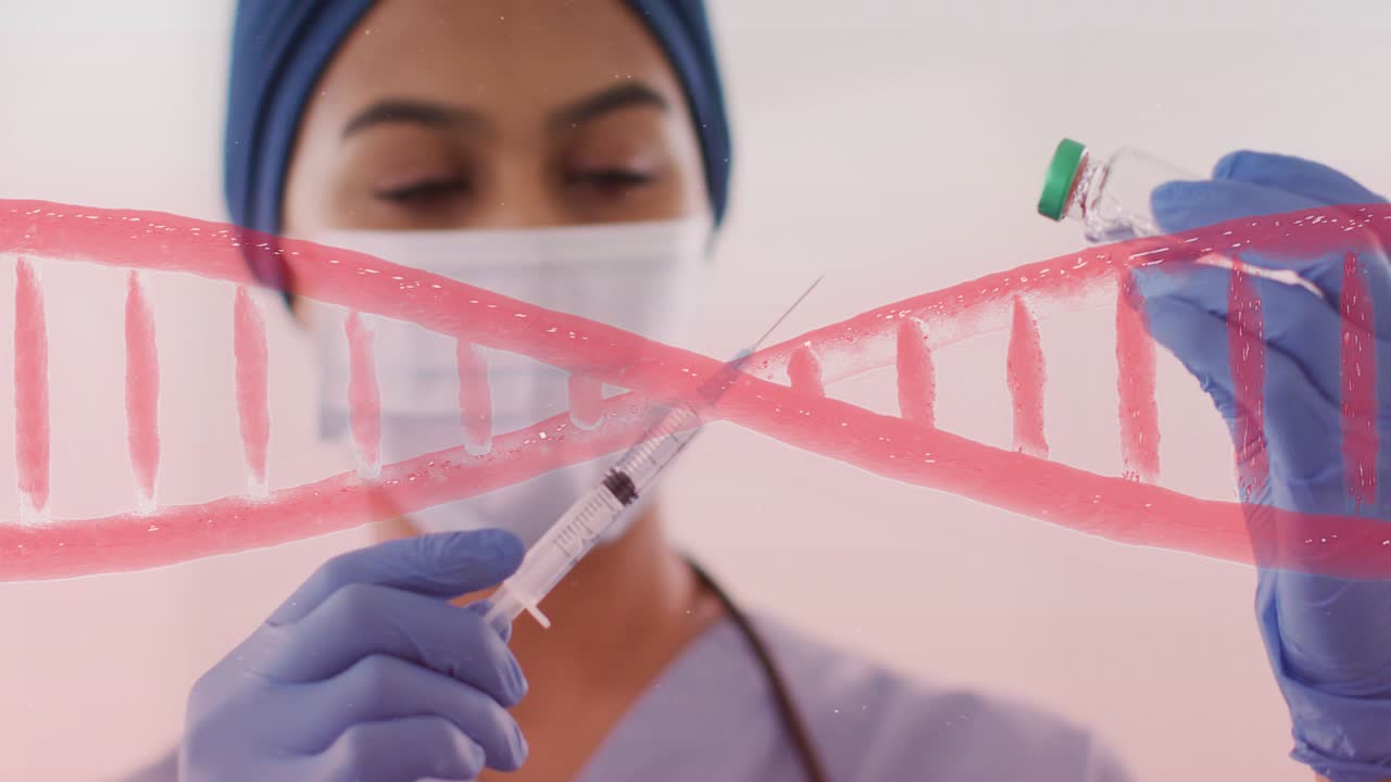 Female clinician inserting needle, drawing vaccine dose in clinic, pink DNA helix crossing syringe