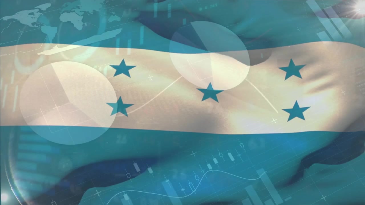 Animación de procesamiento de datos estadísticos con la bandera de Honduras ondeando de fondo.