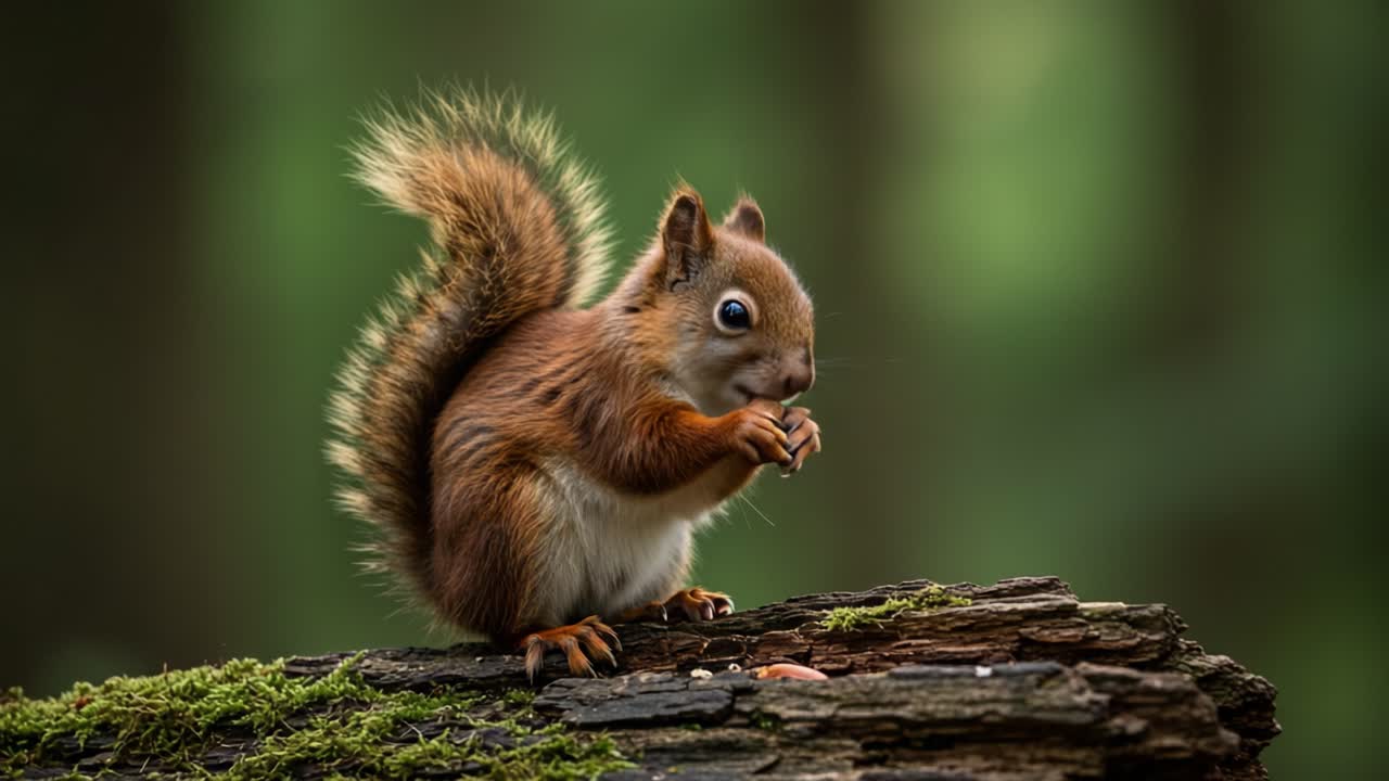 Uno scoiattolo giocoso intento a raccogliere noci su un tronco coperto di muschio in un sereno ambiente forestale, catturato con dettagli mozzafiato