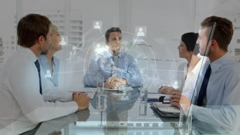 discussing strategy, business team with digital network animation in office meeting