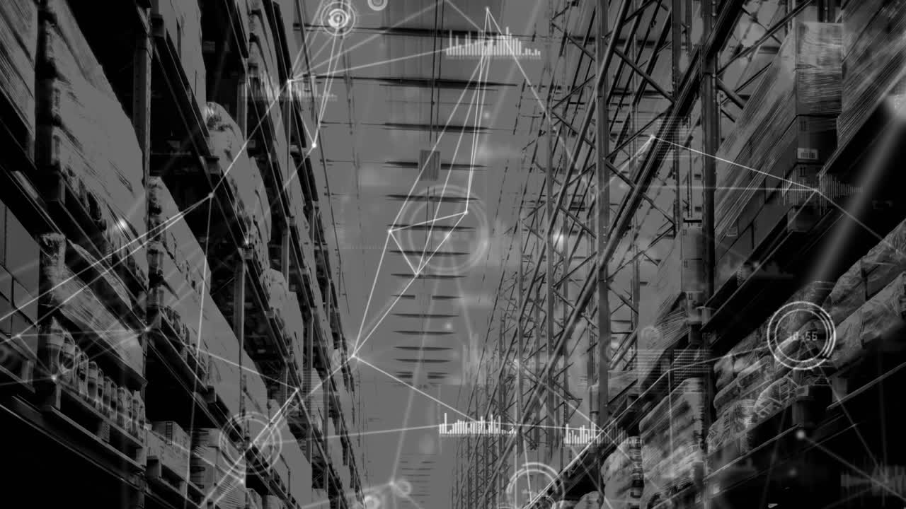 Animation of network of connections over shelves in warehouse