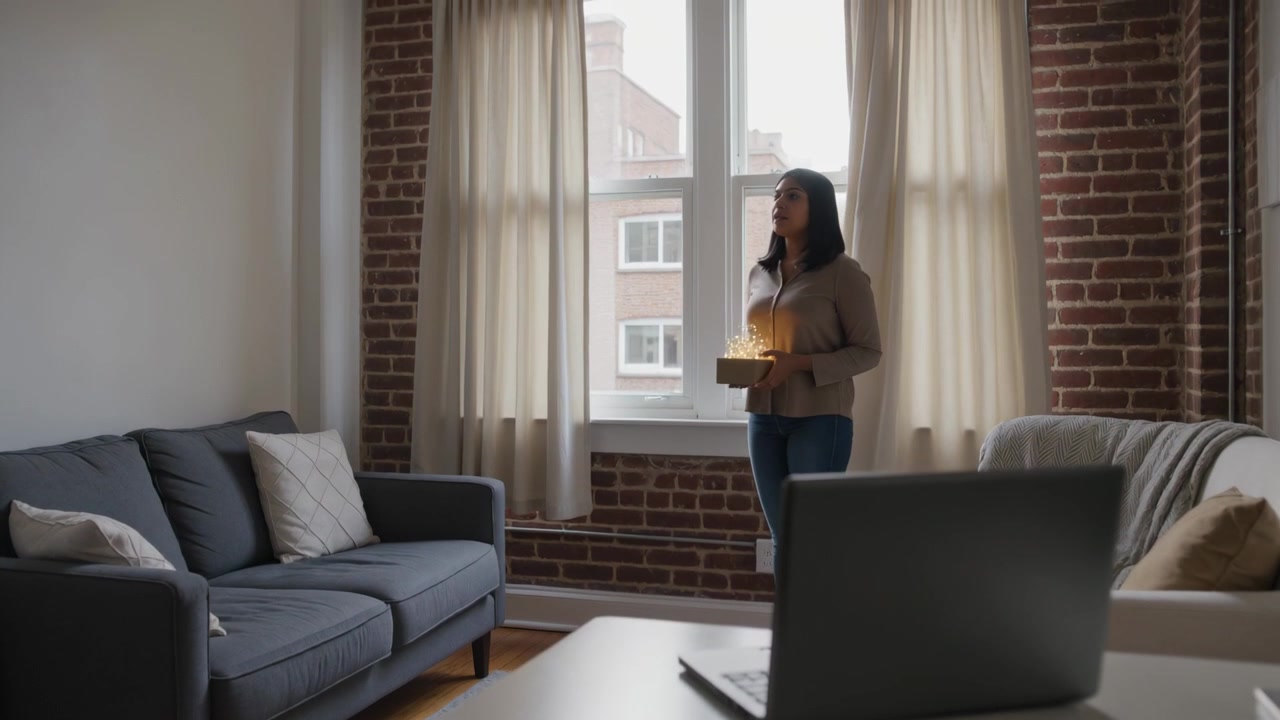 Kazak ve kot pantolonlu bir kadın içeri giriyor, apartman penceresindeki perdeleri çekiyor ve parlayan bir kutuyu sandalyeye yerleştiriyor.