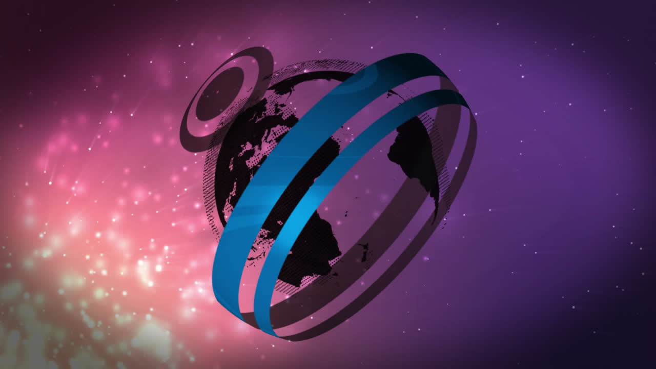Rotating Earth with colorful rings animation over starry purple background