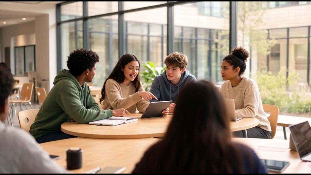 Diverse Group of Students Collaborating on a Project in a Modern Library