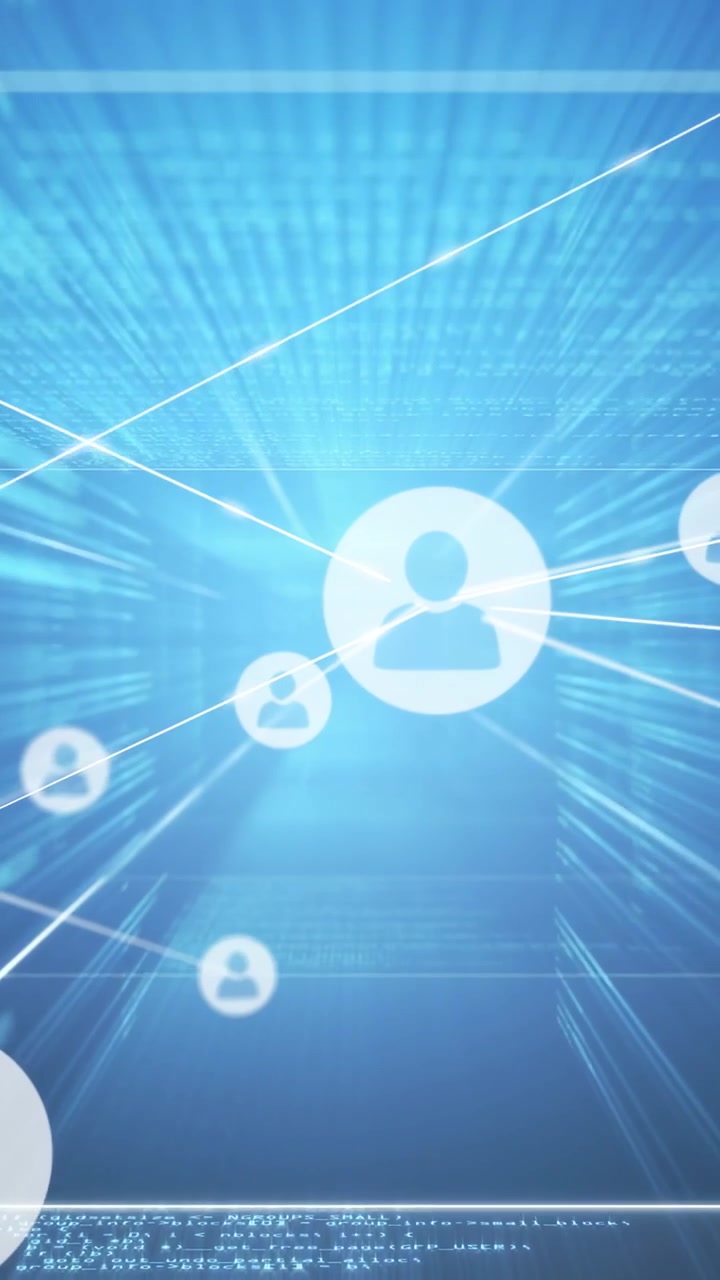 Video verticale: Avatar centrale che pulsa, linee che si estendono, nuovi nodi che si uniscono, creando una rete tecnologica.