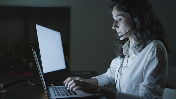 Young woman in headset using laptop