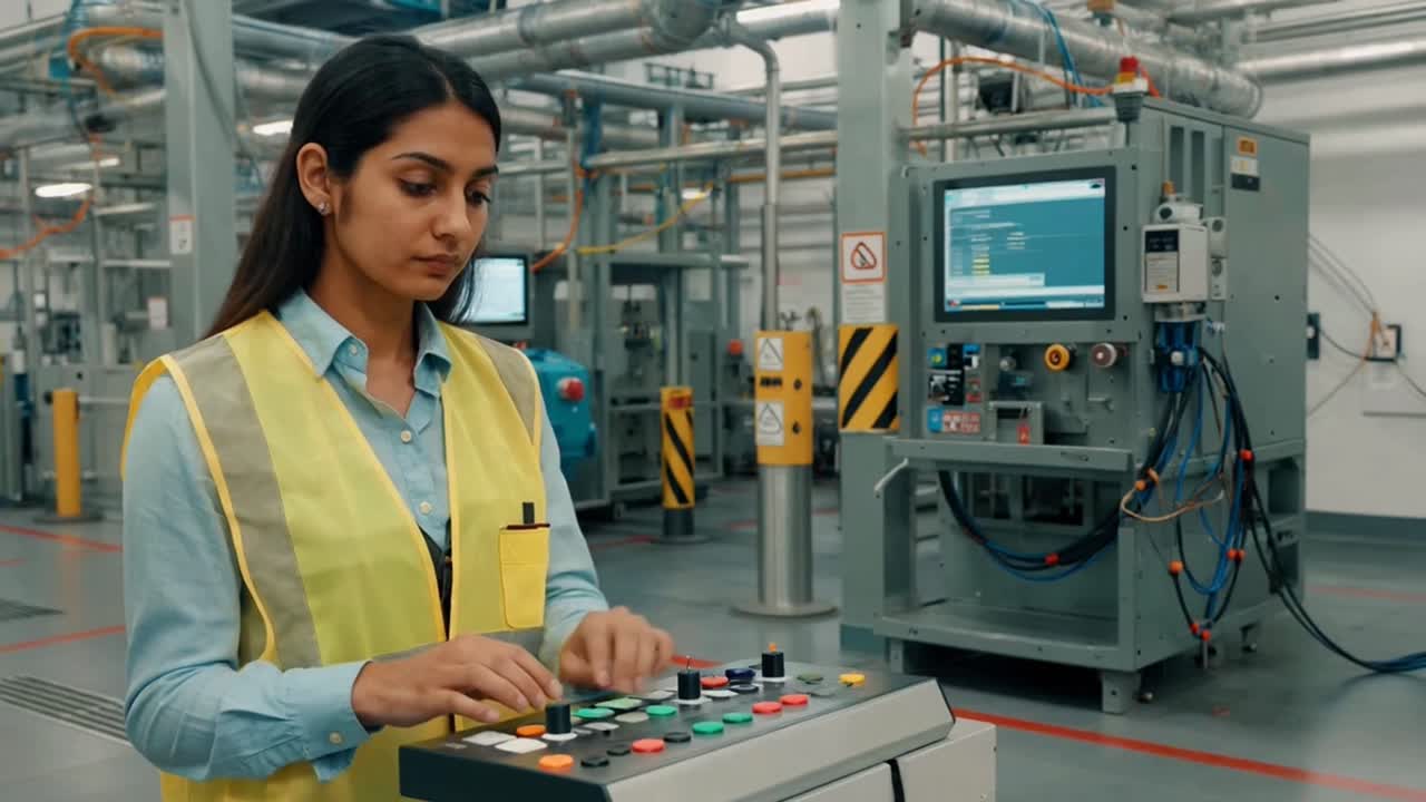 A woman in a yellow vest is working on a machine