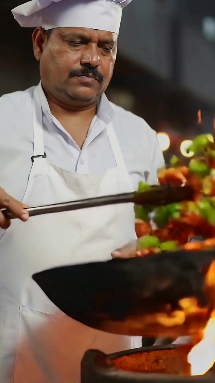 Video verticale: Chef indiano in giacca che cucina verdure saltandole ai fornelli su fiamma a gas con wok e spatola.