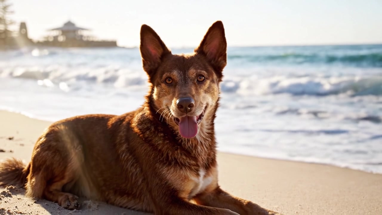 Un cane giocoso si gode l'ambiente sereno della spiaggia mentre si rilassa tra le onde dell'oceano durante un bellissimo tramonto