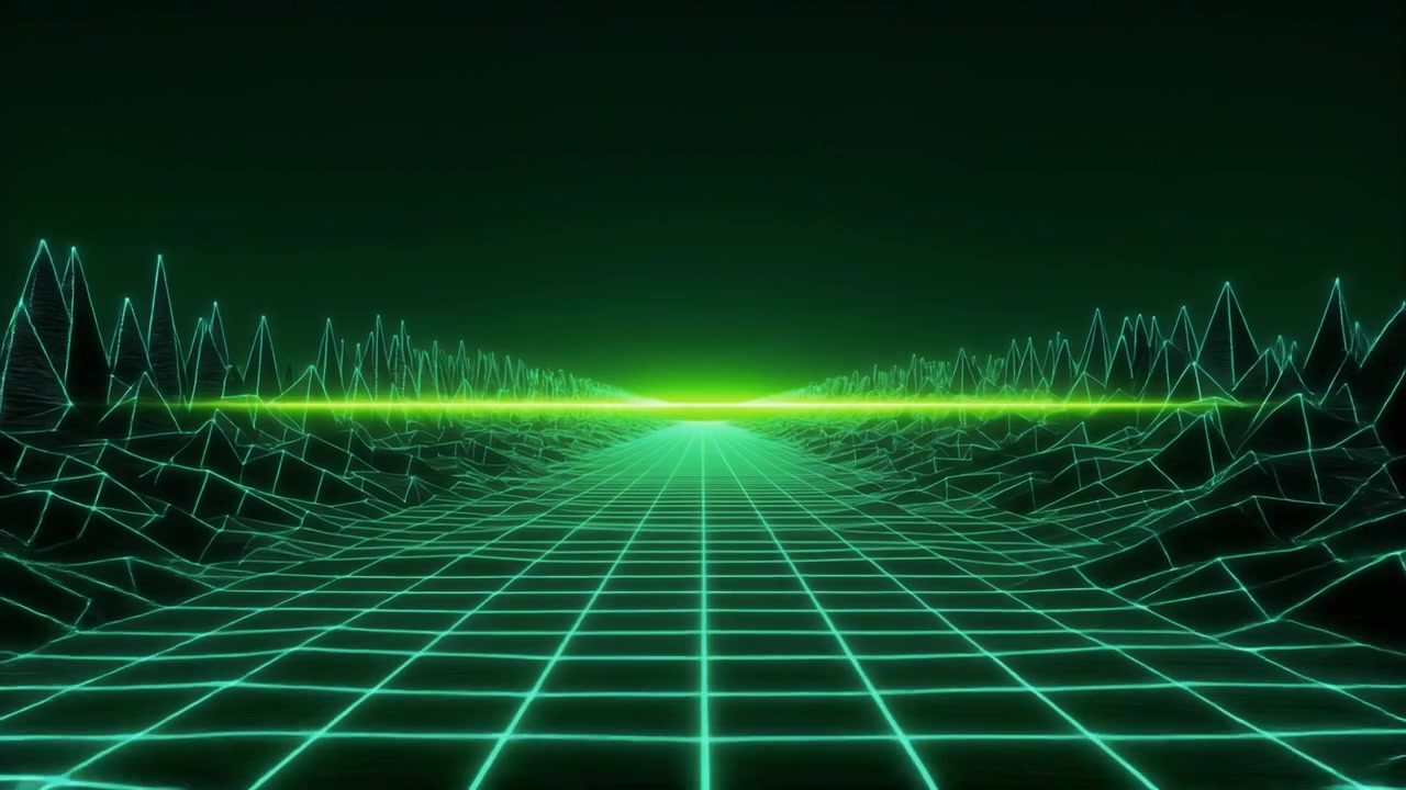 Retro 80s Style Synthwave Grid Landscape with Glowing Green Horizon