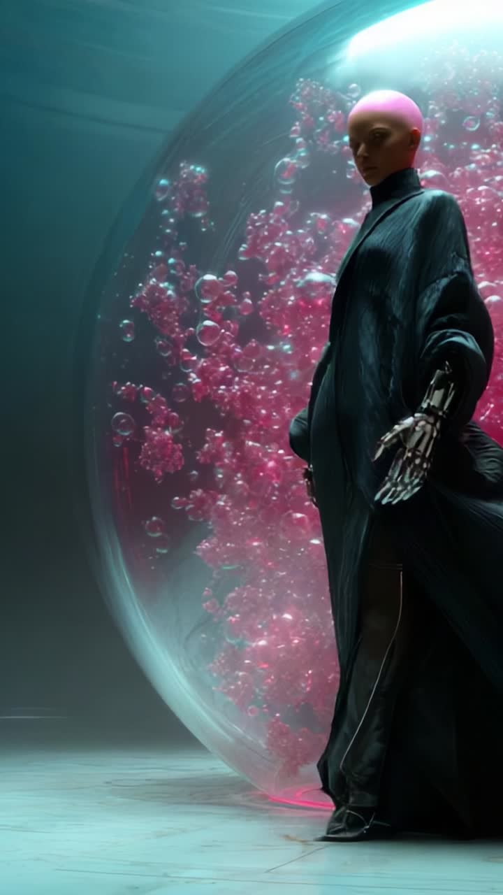 Futuristic humanoid figure with robotic elements stands behind a glass sphere filled with vibrant pink bubbles, showcasing a unique blend of technology and art