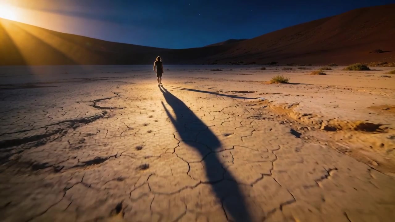 Walking solo walker with backpack crossing cracked playa toward dunes, low sun casting shadow