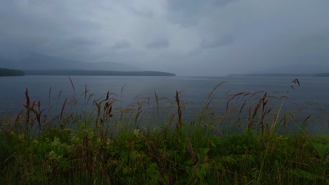 Stunning-time-lapse-of-a-dark,-atmospheric-foggy-rainy-lake-in-the-Appalachian-mountains