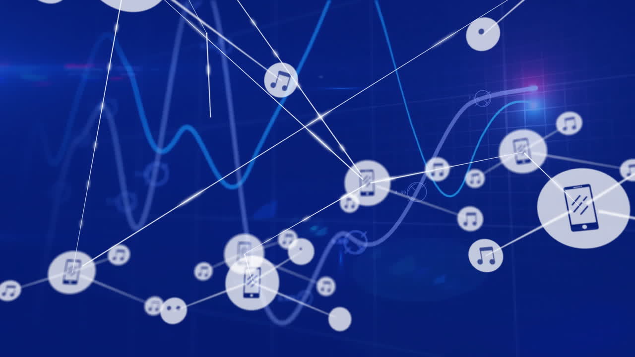 animación del procesamiento de datos financieros a través de una red de conexiones con iconos