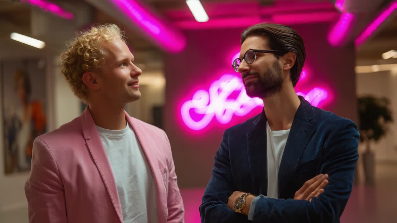Two stylish men engage in an animated conversation, illuminated by the vibrant glow of a neon sign in a modern, creative workspace, showcasing contemporary fashion and social interaction